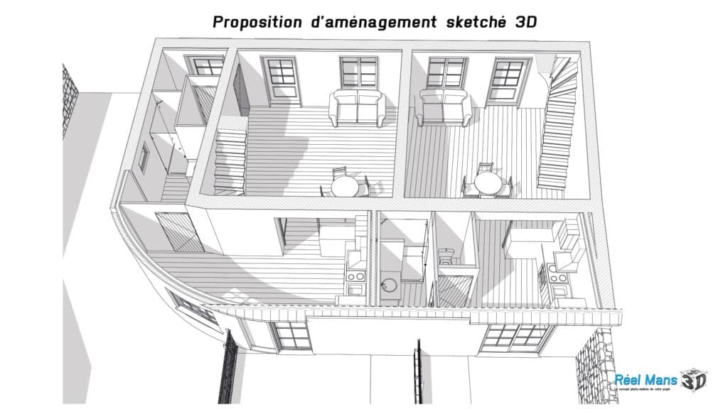 Proposition d'aménagement sketché 3D - Dessinateur batiment - dossier permis de construire