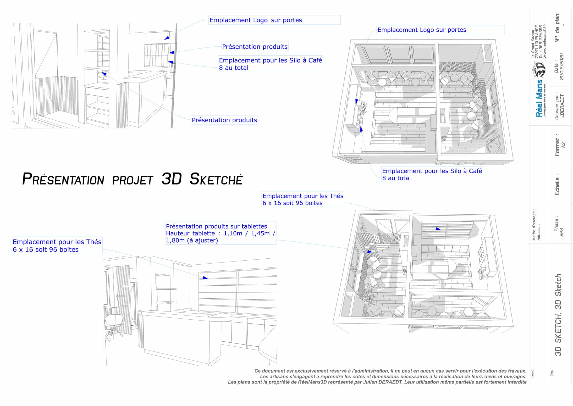 Planche 3D Sketché Présentation projet - Épicerie fine vente de café et de thé - Tours (37)